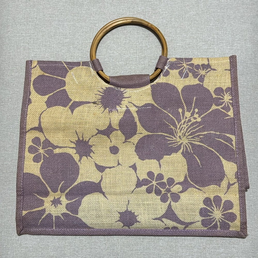Vintage Woven Jute Tote-Bamboo Circle Double Handles-Beige/Lavender